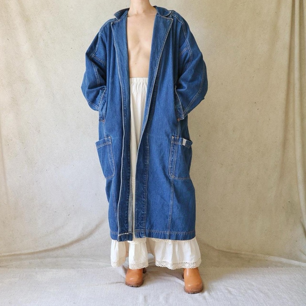 Vtg 80s Long Maxi Duster Length Heavy Weight Denim Jacket